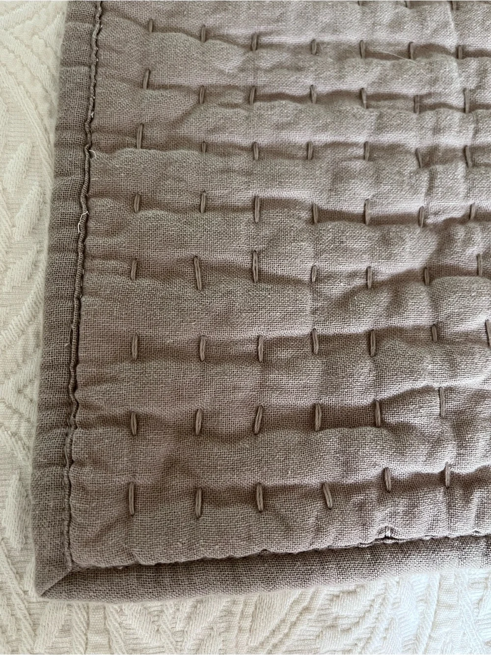 NWOT Pottery Barn PickStitch Cotton Linen Quilted Sham King Flax Beige Tie 20x36